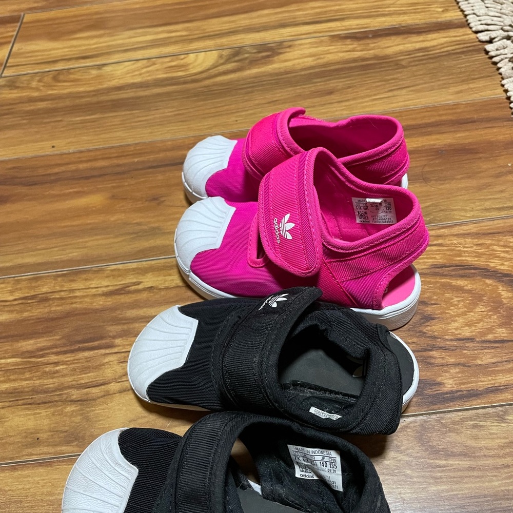 2 pairs of Adidas Sandals and Combat Boots
